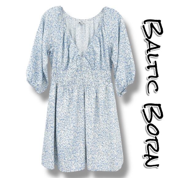 Baltic Born Koa Short Dress Blue Cream Ditsy Floral Smocked Waist Womens Sz S - Picture 1 of 12